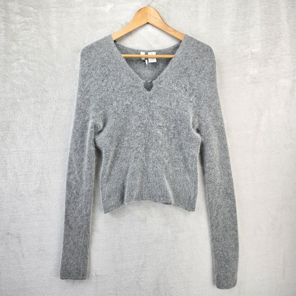 Twiggy Womens Too Small Gray Angora Rabbit Hair Wool Sweater Heart Neckline